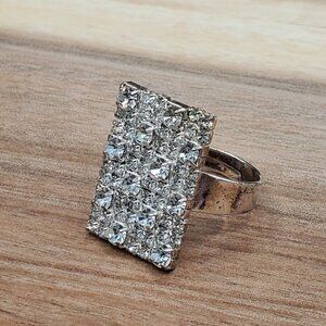 Adjustable Silver-tone Rectangular Rhinestone Cocktail Ring